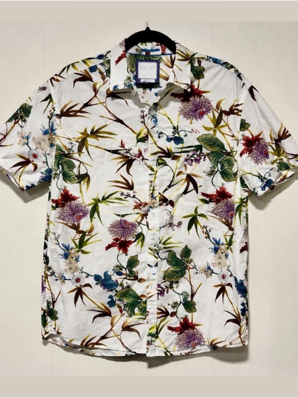 Denim & Flower Floral Print Slim XL Shirt Small Tropical Hawaiian Button Up
